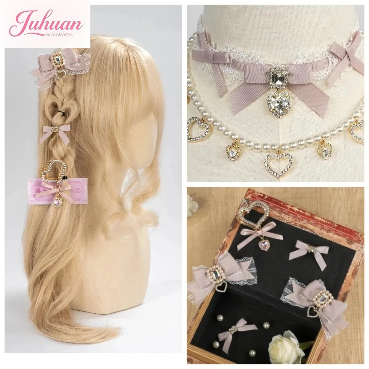 

Милая милая японская серия Mine, массовое производство, кружевной квадратный бриллиантовый бант, зажим для края Лолиты, головной убор ручной работы, цепочка на шею, ювелирные изделия