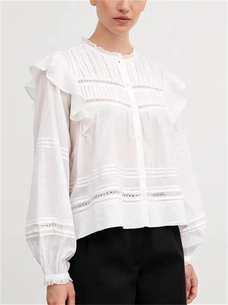 

Women Single Breasted Blouse Elegant Ruffle Edge Sewn Pleated Round Neck Ladies Long Sleeve Sweet Shirt 2024 Spring New