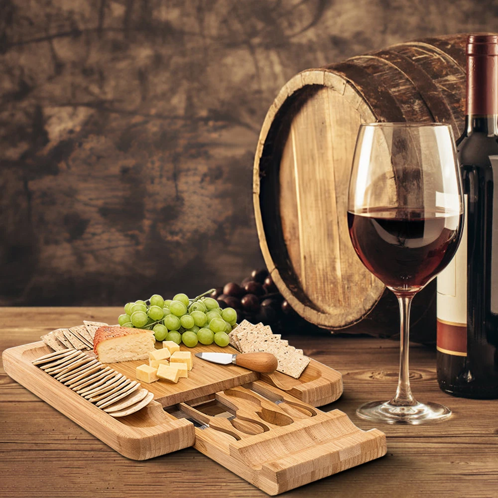 

Gift Set with 4 Cheese Knives Large Square Bamboo Cheese Boards with Hidden Utensil Drawer Partition Food Storage Cheese Platter