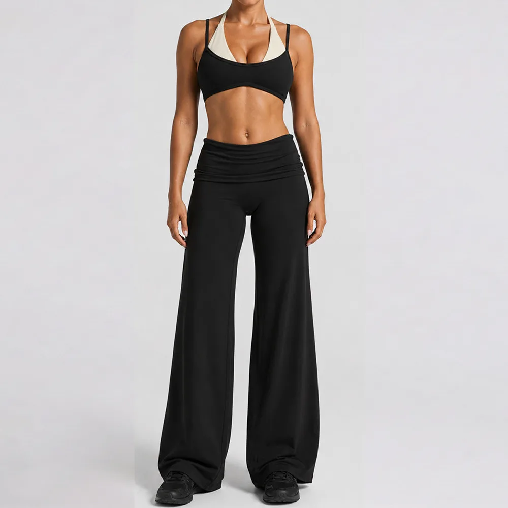 2PCS Adjustable Sports Bra Yoga Set Women Tracksuit Sportswear Gym Running Workout Straight Leg Wide Pant Athletic Wear XP117