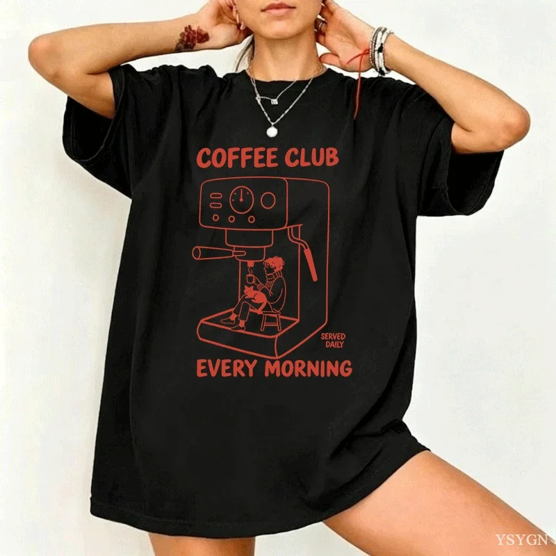 Coffee Club Every Morning Graphic T Shirt Espresso Machine Cozy Coffee Lover Tee Shirt Casual Cotton Short Sleeve Streetwear