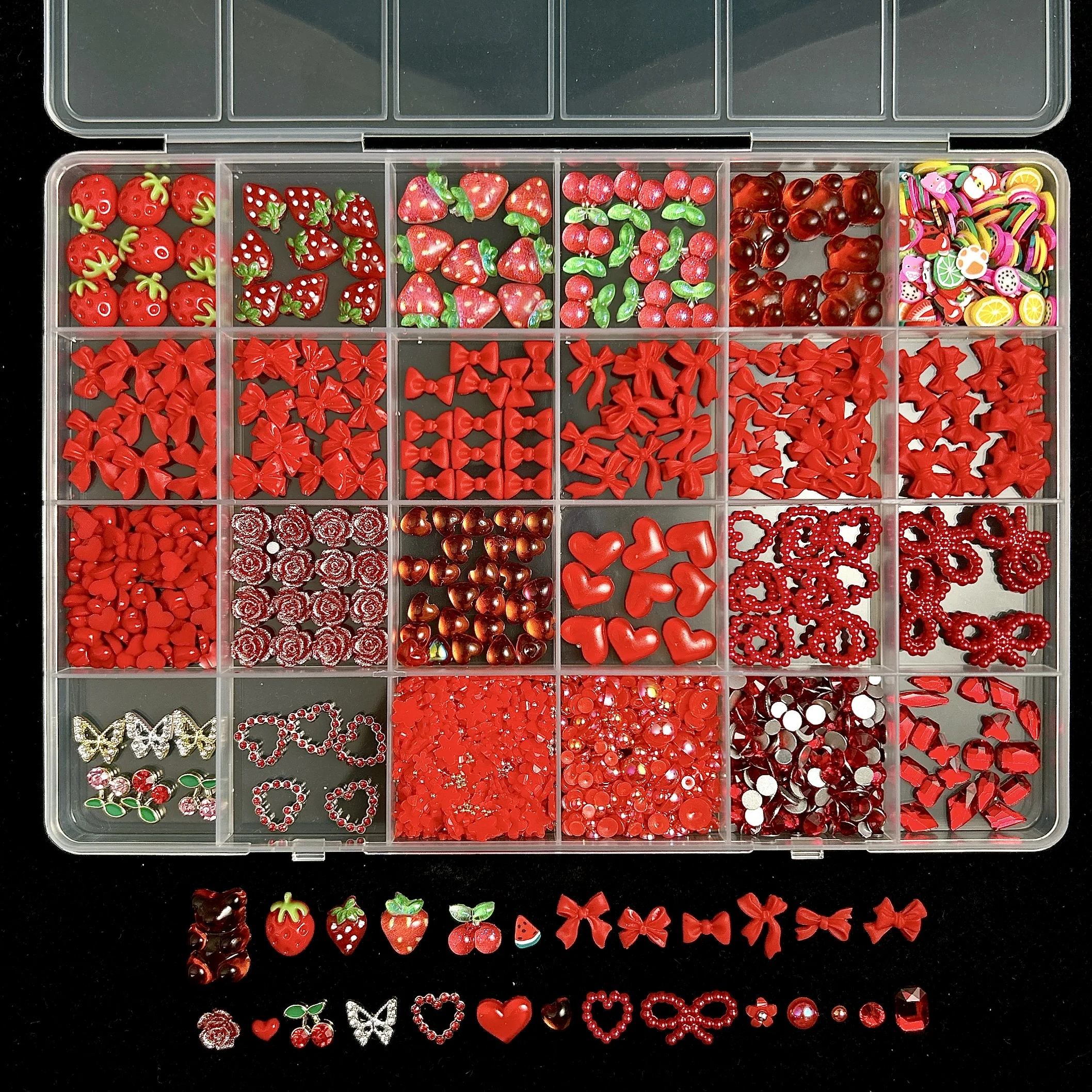 3Dレジンミックスネイルチャーム,マニキュアアクセサリー,赤いハート,クマ,バラ,イチゴ,赤,装飾,DIY, 1箱