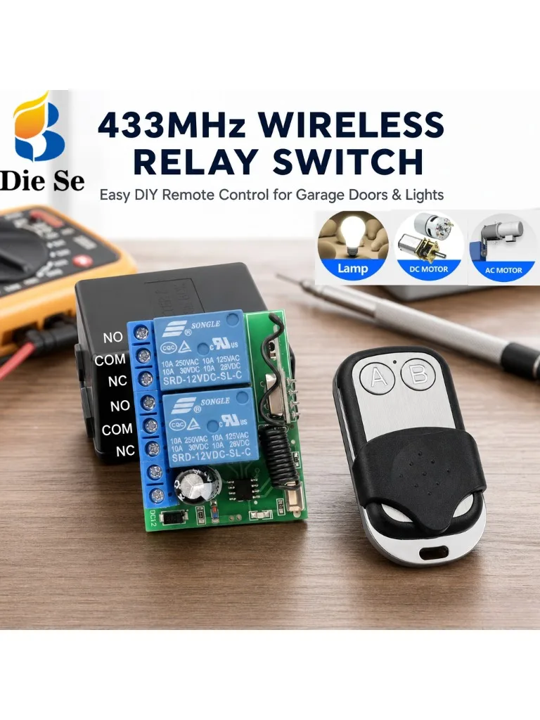 Uniwersalny bezprzewodowy przełącznik zdalnego sterowania RF433MHz, 2-kanałowy, zasilany prądem stałym 12V, o mocy 2200W, z modułem odbiorczym i przekaźnikiem, przeznaczony do sterowania silnikiem (1RC) — Zdjęcie 2 z 2