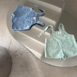 2025 Spring New Baby Denim Strap Shorts Infant Boy Girl Solid Casual Pocket Overalls Newborn Toddler Sleeveless Jumpsuit 0-3T