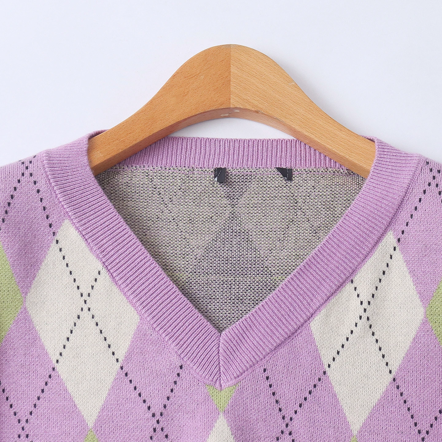 Suéter de Moda con Estampado de Diamantes, Manga Larga, Cuello en V, Estilo Dulce para Mujer, Primavera-Otoño, Tejido Hoado...