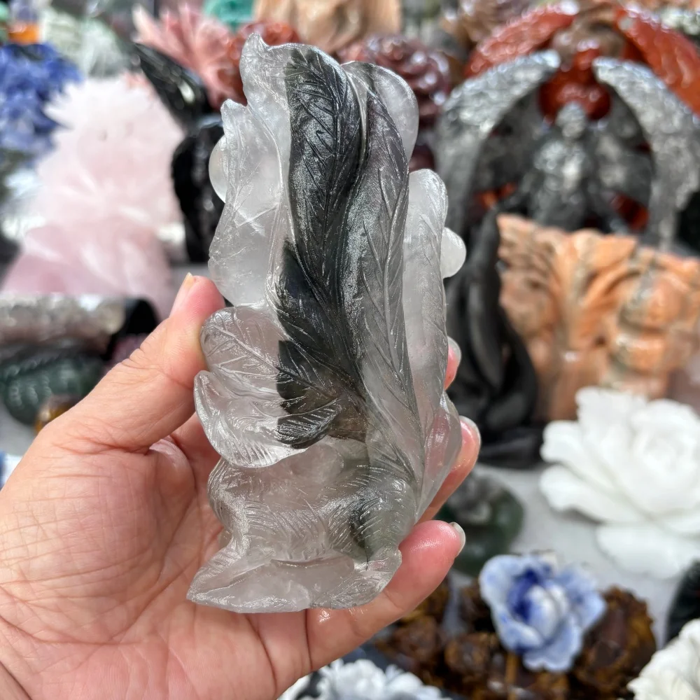 Natural Clear Quartz Green Phantom Nine Tailed Fox Hand Carved Crystal Fox Statue Reiki Healing Stone Fantasy Crystal Decor