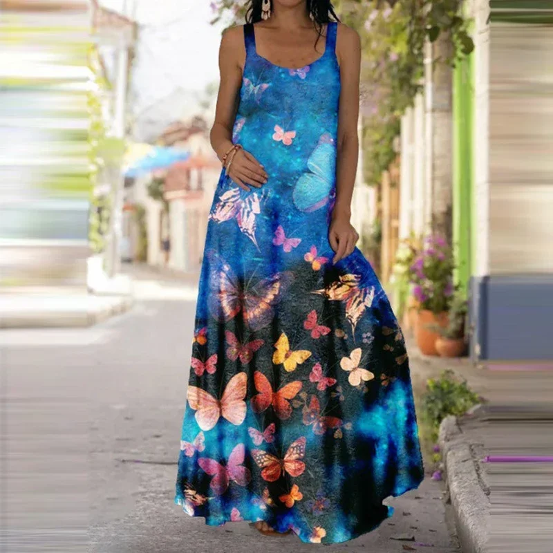 

Women's Fashionable Butterfly Printed Sleeveless Dress Summer Casual Printed Long Dress