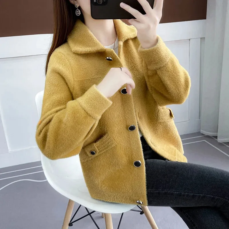 Autumn Winter Women Sweater Cardigan Coat New Single-Breasted Short Jacket Female Imitation Mink Velvet Jacket Knitted Sweater