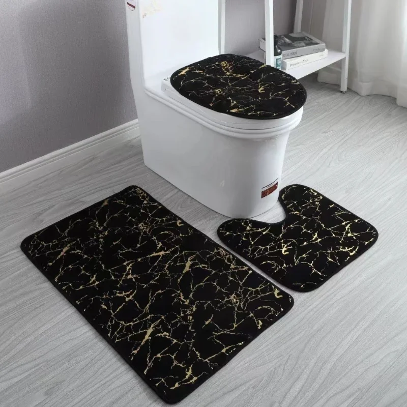 3pcs Sets White Bath Mats Gold Grey Lines Creative Abstract Geometric Art Home Bathroom Door Rug Anti-Slip Toilet Lid Mat