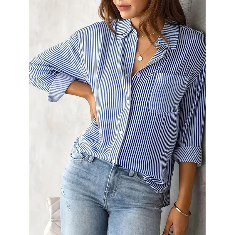 Spring Summer Polo-neck Striped Printed Blouse Female Long Sleeve Loose Casual Fashion All-match Top Women Vintage Elegant Shirt