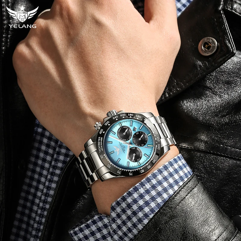 Yelang Men Sports Watch 42mm Panda Six Eyes Flying Probe Retro Luxury 9120 Fully Automatic Mechanical Sapphire 10Bar Luminous