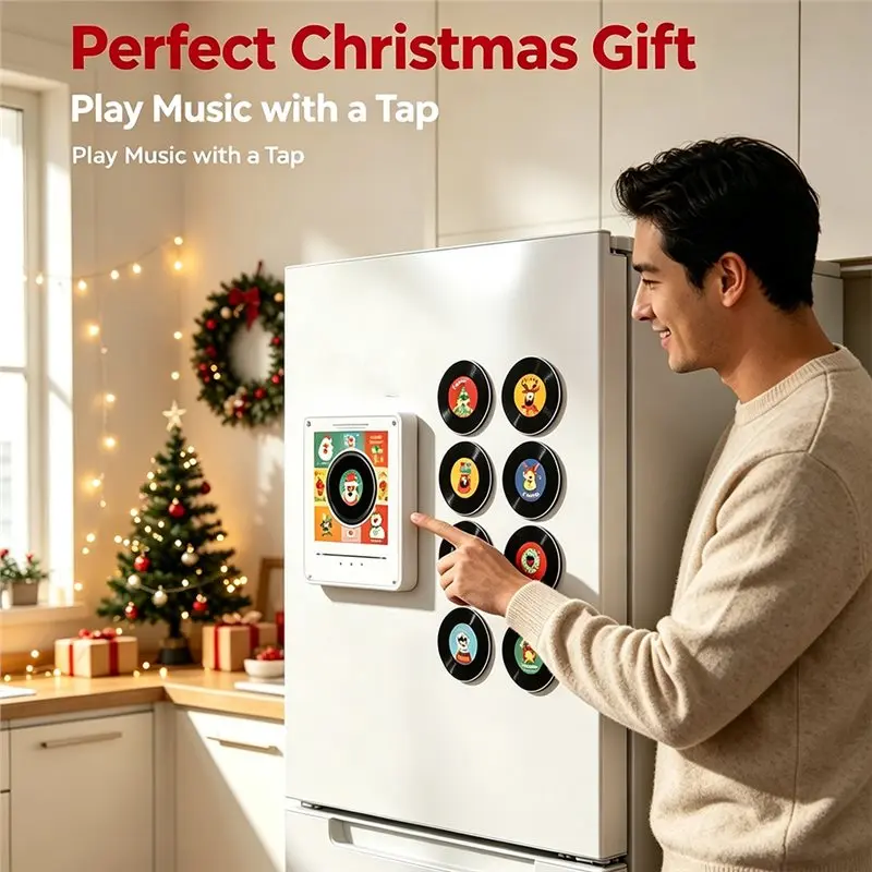 ABKJ-Built-In LED Xmas Christmas Fridge Magnet Magnetic Music Touch To Play Vinyl Record Player Night Light