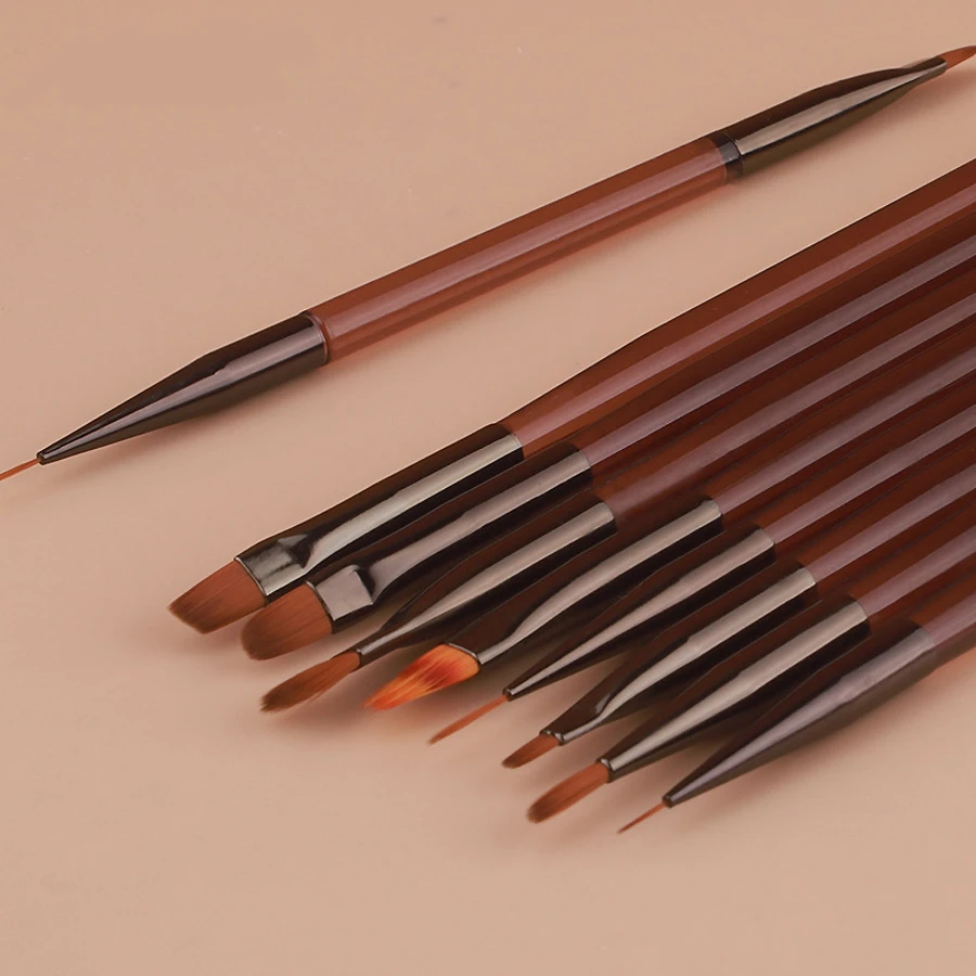 9Pcs Nail Brush Set Detail Work Pens with Stylish Brown Handles for Gel Nail Art Fine Line Painting Professional & Home Use Tool