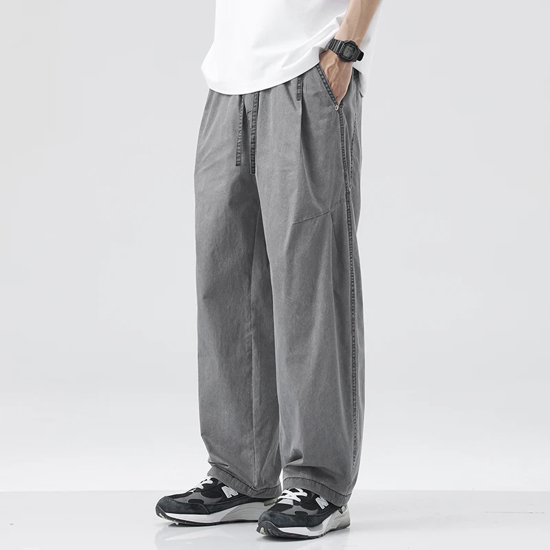 

2026 Spring Summer New Men Loose Retro Cargo Pants Drawstring Casual Lightweight Wide Leg Trousers