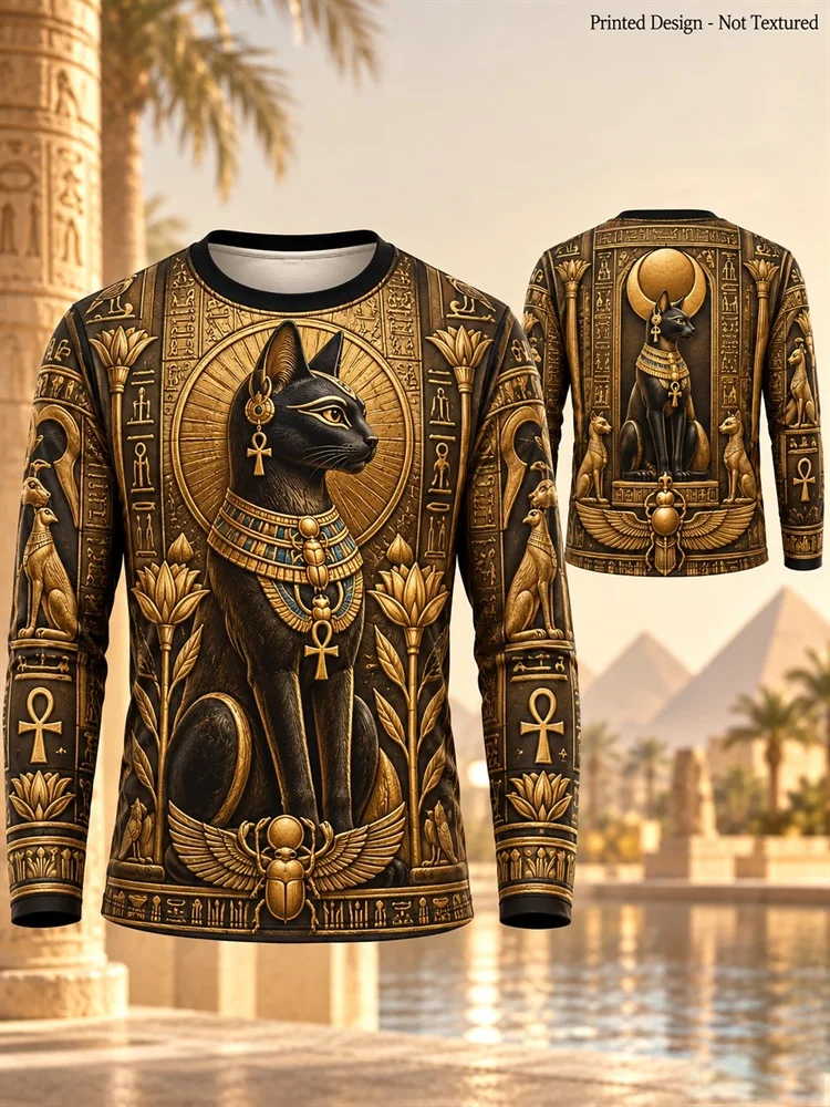 Men's Egyptian Bastet Cat Goddess Long Sleeve T-Shirt Gold Hieroglyph Ankh Scarab Lotus Pyramid Graphic Pullover Tops Gift