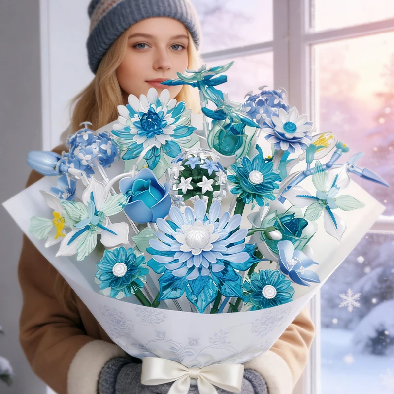 

711PCS Ice Crystal Winter Blue Flower Building Blocks Bouquet DIY Botanical Collection Toy Home Decor Gift for Adults and Girl