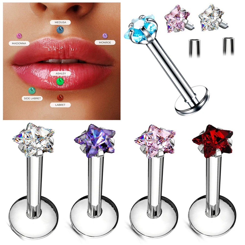 1PC Surgical Steel Star Cz Labret Piercing Lip Ring Internally Threaded Helix Piercing Cartilage Stud Earring Ear Tragus Jewelry