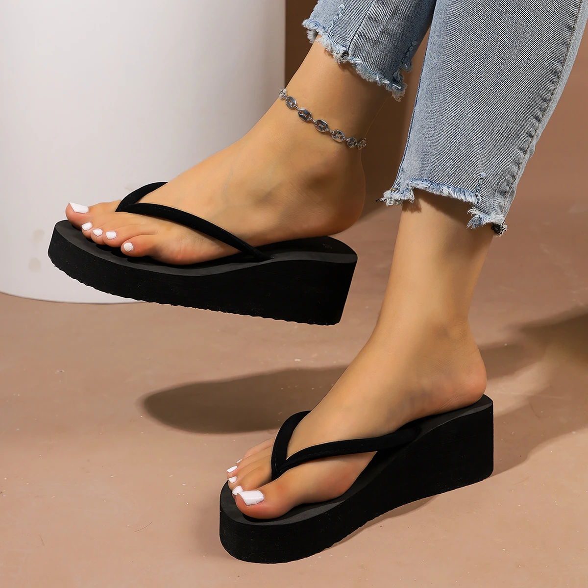 Women Slippers Summer Beach Wedge Slippers Flip-Flops Clip Toe Platform Sandals Outdoor High Heels Slides Women Orthopedic Shoes
