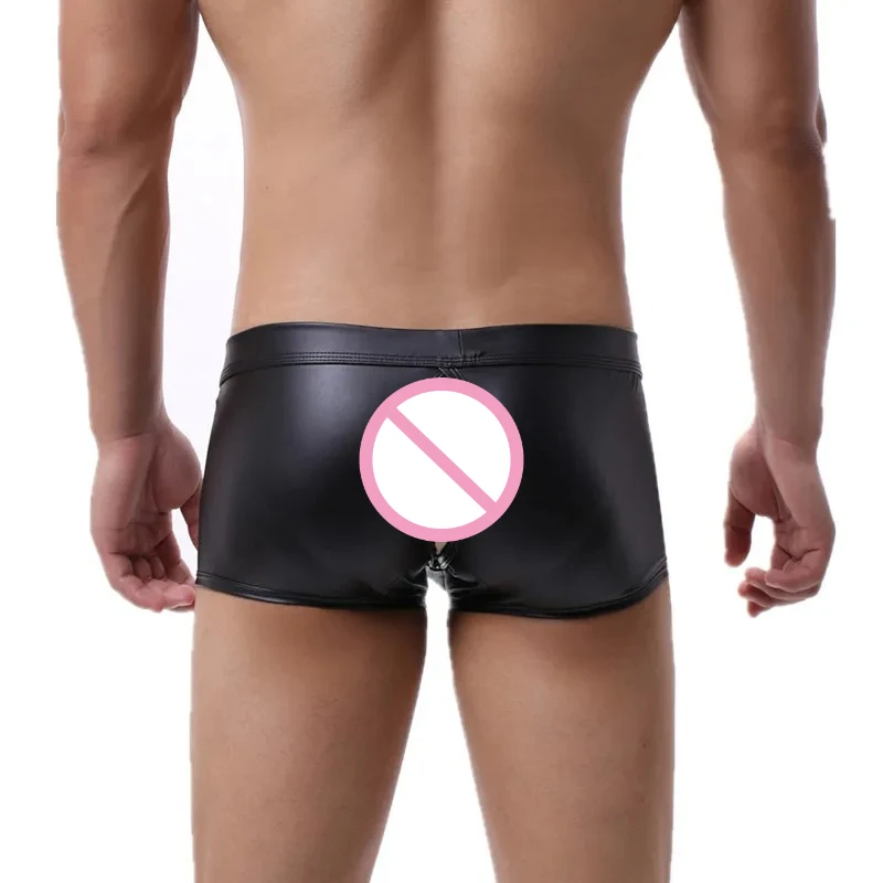 

Sexy Mens Boxer Shorts PU Leather Open Crotch Underwear Open Butt Erotic Panties Male Boxers Party Clubwear Boxershorts Bikini