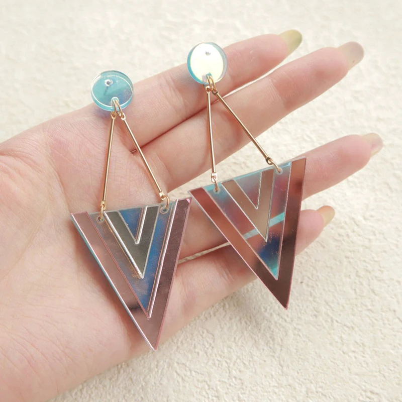 Fashion Laser Cut Geometric Acrylic Earrings For Women Exaggerated Reflective Inverted Triangle Long Dangle Earring