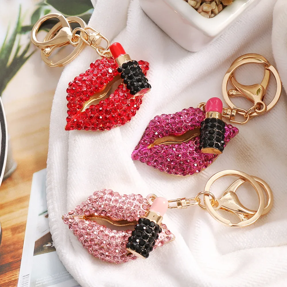 Rhinestones Lipstick and Red Lips Keychain Bag Charm Pendant Gift Vintage Lovely Women Keyring Jewelry Accessory Wholesale