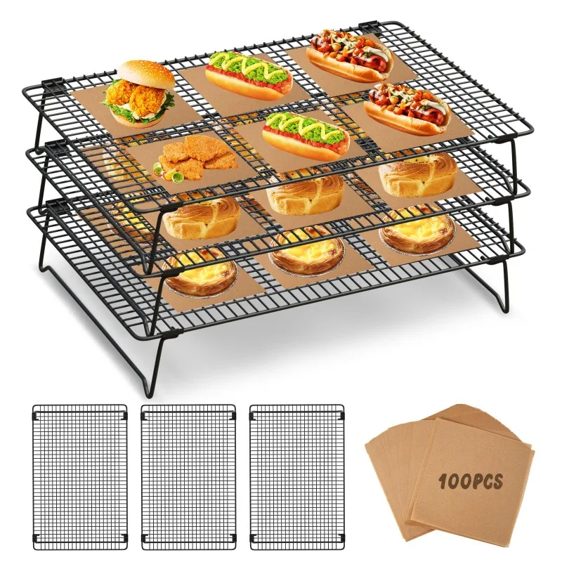

Non-Stick 3-Tier Stackable Wire Cooling Rack Set Durable Easy Clean For Baking Cookies Pizza Cakes Grilled Meats Kitchen Tool