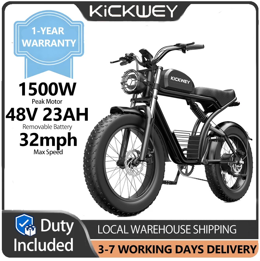 

Электрический мотоцикл Kickwey K7 для взрослых, 1500 Вт, 48 В, 23 Ач, с широкими шинами 20x4 дюйма, 7-скоростной внедорожный мотоцикл для мужчин, гарантия 1 год