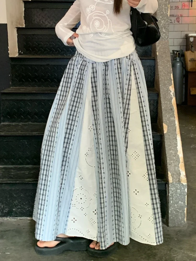 

Zoki Sweet Lace Patchwork Long Skirts Women Korean Loose High Waist Skirt Casual Design Striped Plaid Elegant Female Skirts New
