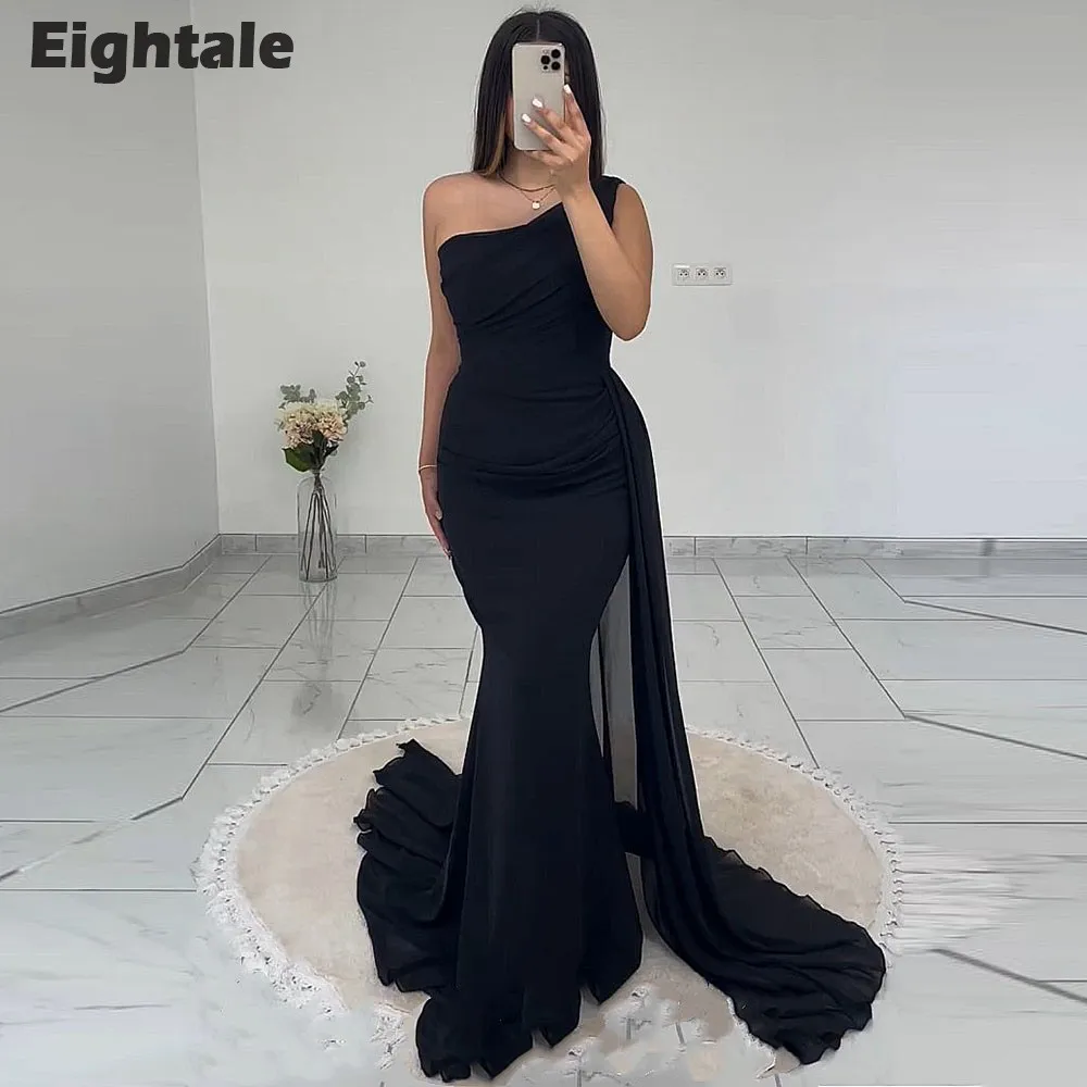 Eightale-vestido De noche plisado De sirena, traje negro De un hombro, hecho a medida, De gasa, para fiesta De boda