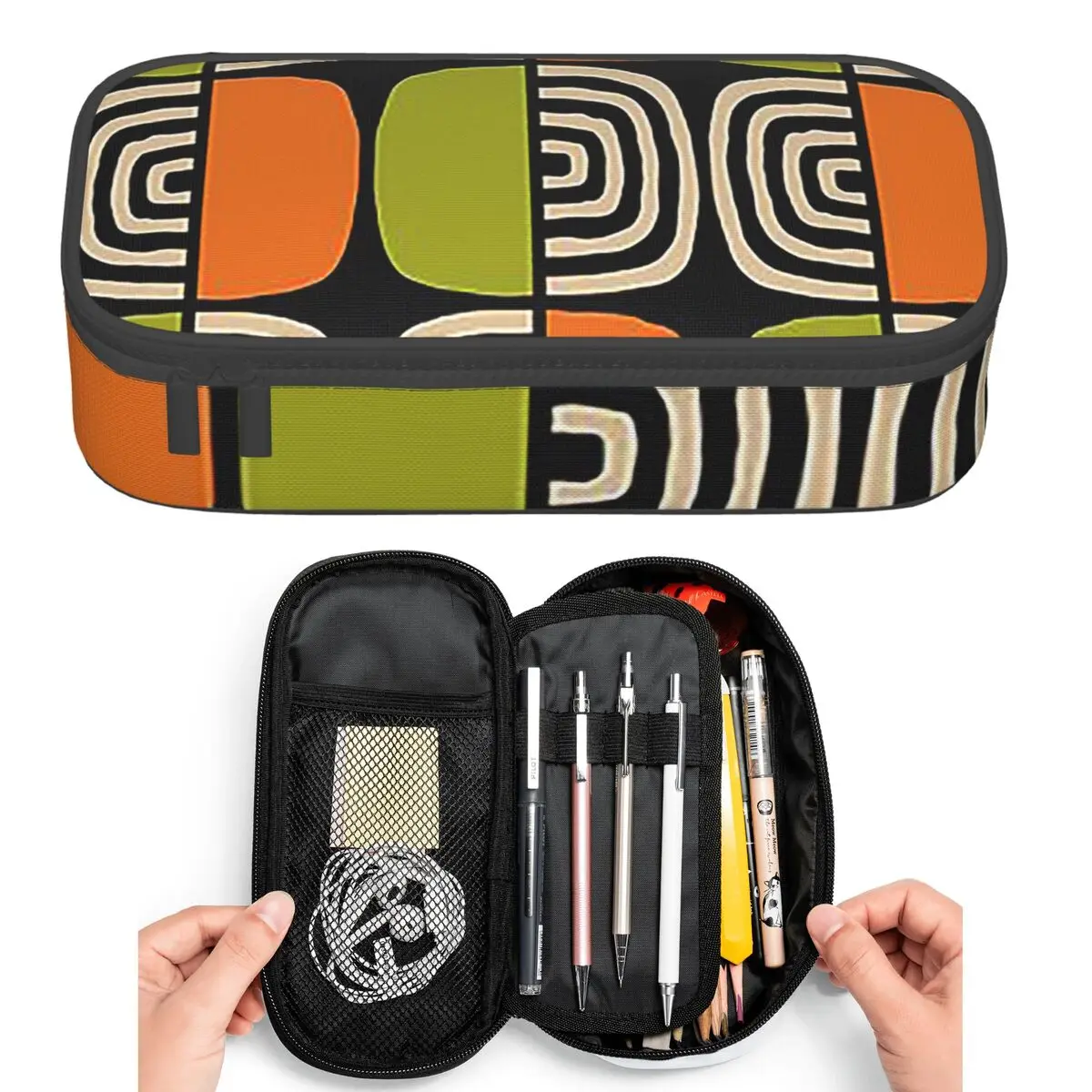 Half Concentric Circle Pattern Black Orange Green And Beig Pencil Cases for Student Pen Box Pencil Bag Pencil Pouch Pen Holder