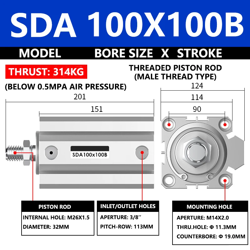 ABILKEEN SDA100X100B SDA Series Thin Air Cylinder 100MM Male Thread Bore X 100MM Stroke Double Acting Pneumatic Compact Cylinder