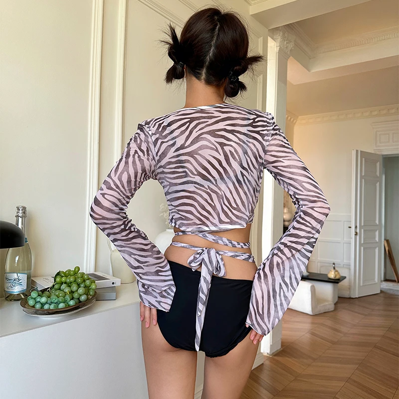 الكورية ثلاث قطع ملابس السباحة رفع الصليب الخامس الرقبة زيبرا نمط هوتي مثير المرأة سبليت مثلث حزام طويلة الأكمام ثوب السباحة #2