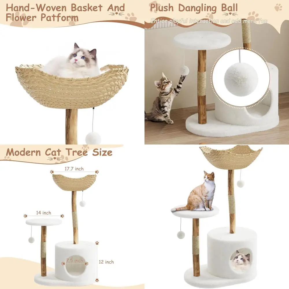 

46 Natural Wood Cat Tower: 4-Tier Play Area for Multiple Cats with Rattan Basket & Pom-Poms, Easy Assembly, Non-Slip Base