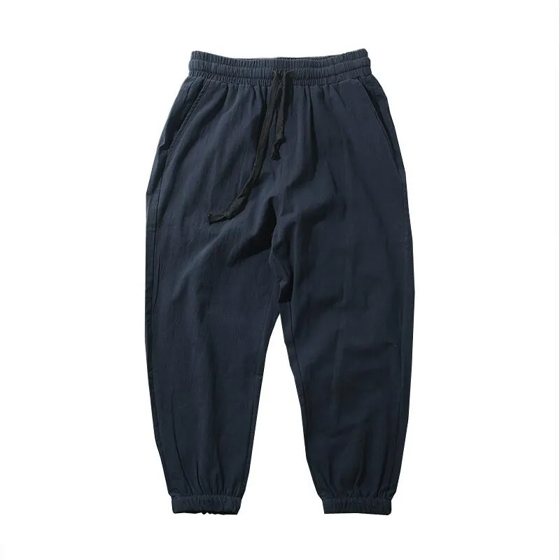 メンズ夏用綿麻ハーレムパンツ カジュアルルーズゴムウエスト足首丈無地トラウザーズ メンズパンツ