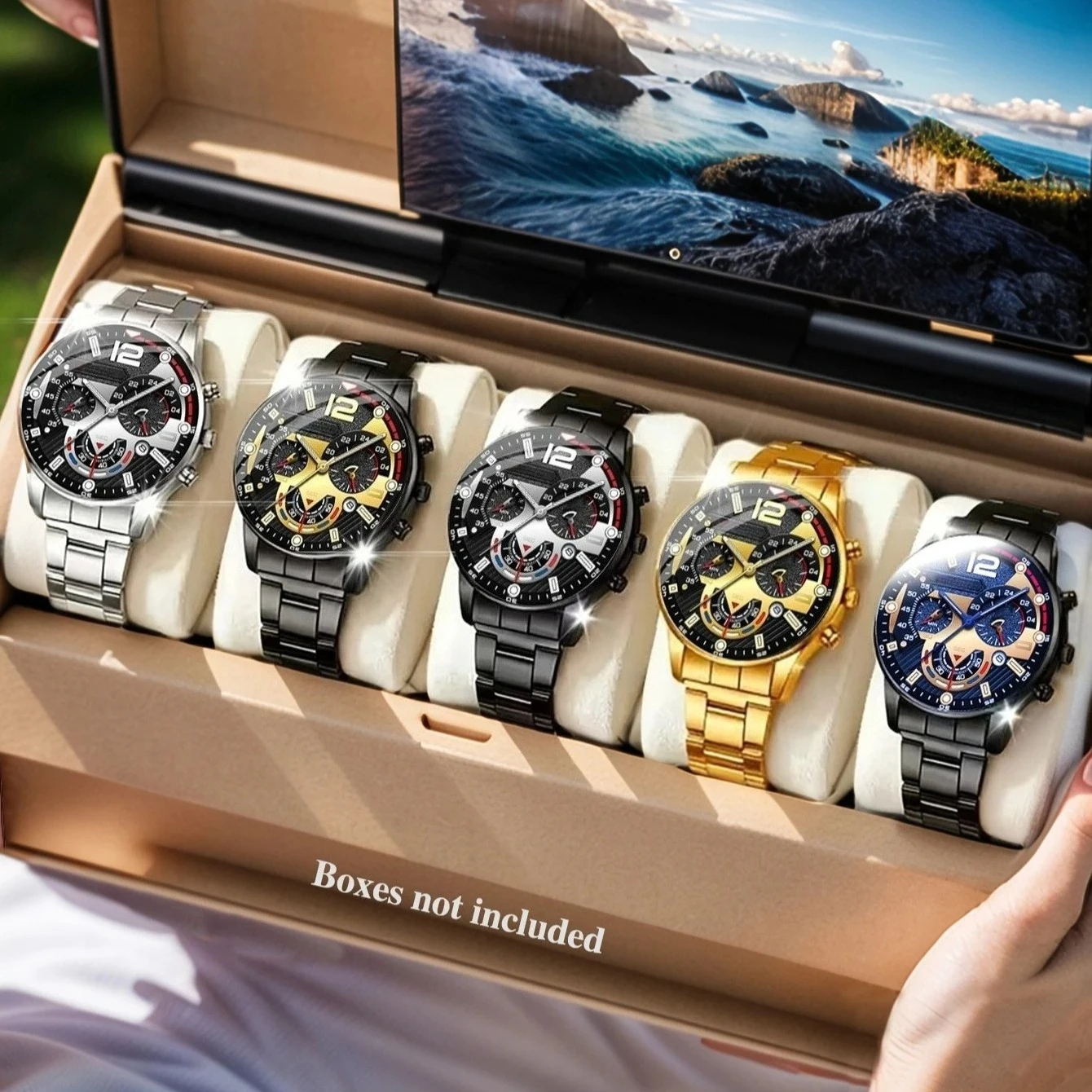Ensemble de montres de luxe pour hommes, 5 pièces, cadran arabe, bracelet en acier, montre-bracelet à Quartz pour hommes (sans boîte)