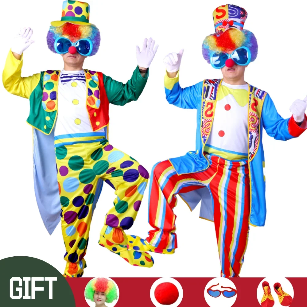 

Adult Male Funny Clown Cosplay Costumes,Men Theme Party Stage Performance Joker clothes，gift Wig/shoes/glasses