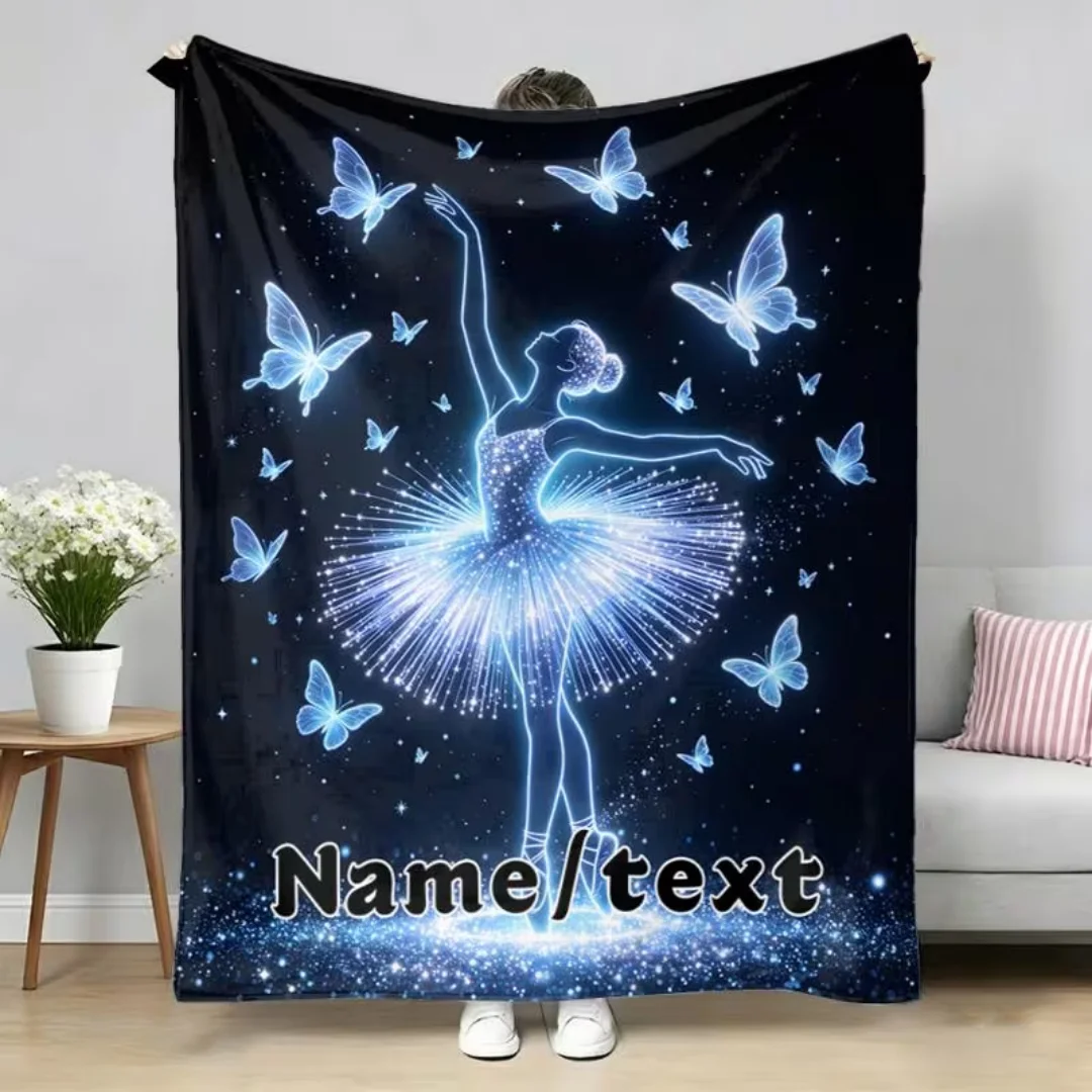 Personalized Custom Name Text Ballerina Butterfly Flannel Blanket, Soft Warm All Season Throw Blanket for Sofa Bed Travel Campin
