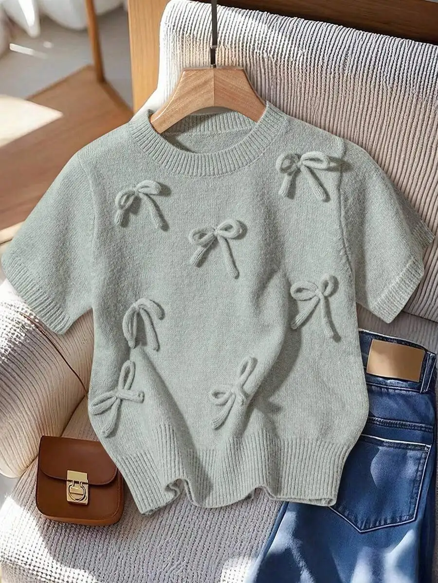 

Женский милый вязаный топ с короткими рукавами и бантом, повседневный осенний свитер для ежедневной носки