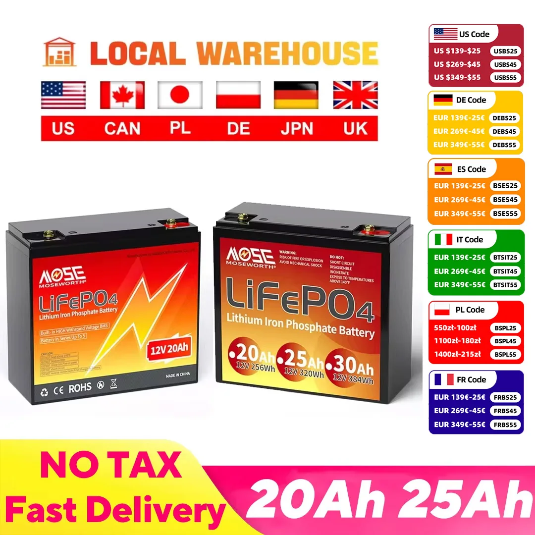 12V 20Ah 25Ah LiFePO4 Battery Pack Lithium Iron Phosphate Rechargeable Batteries Deep Cycle for Electric Scooter Marine Boat