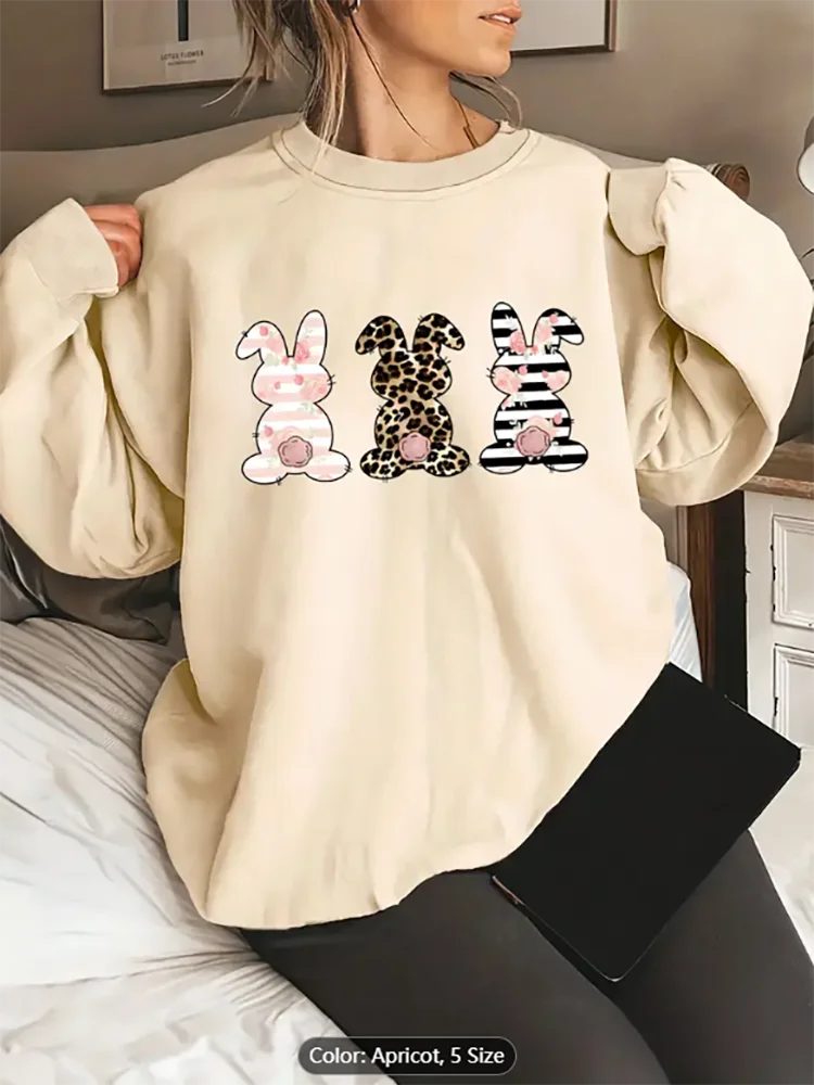 

Womens Light Grey Sweatshirt Bunny Trio Graphic Print Casual Oversized Pullover Top for Animal Lovers Pure Cotton Comfortable