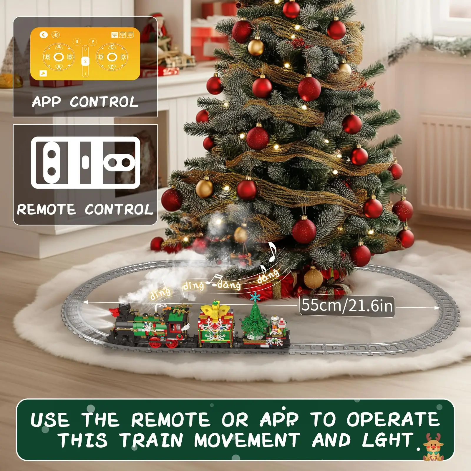 MK 1296 Pcs Christmas Train Building Kit with Motor & LED Lights - Collectible Holiday Display Model w/Track for Kids 8+ , Adult