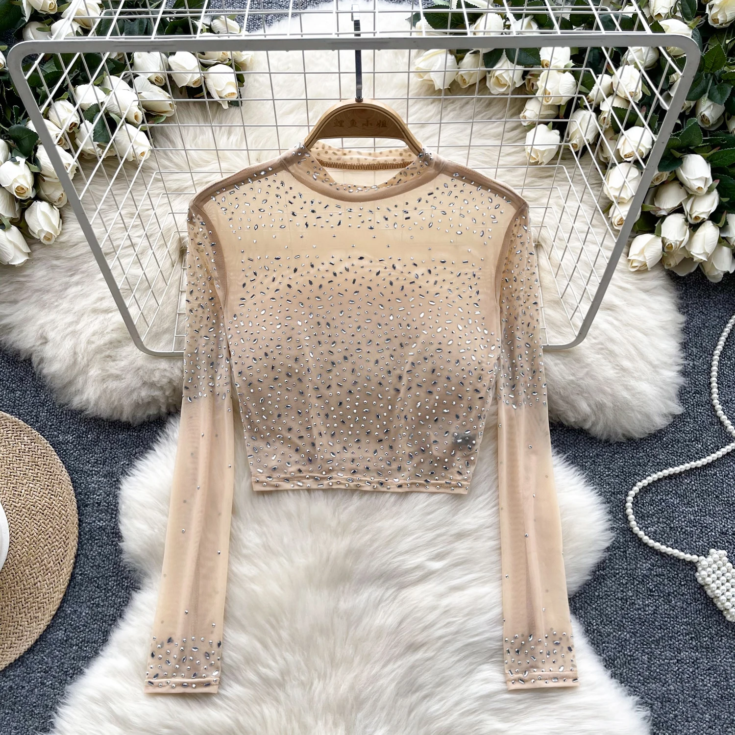 Women Chic lool sleeve sheer mesh cut out rhinestone crop Top Slim mesh Fashion sleeveless Top summer Women Blouse