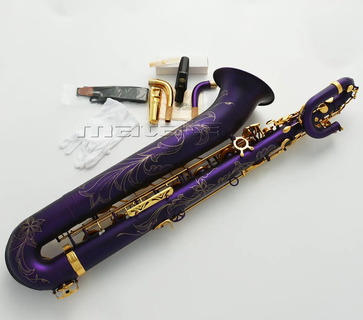 High quality Matte purple Eb Baritone Saxophone Gold Bell Low A High F# Bari sax With 2 necks