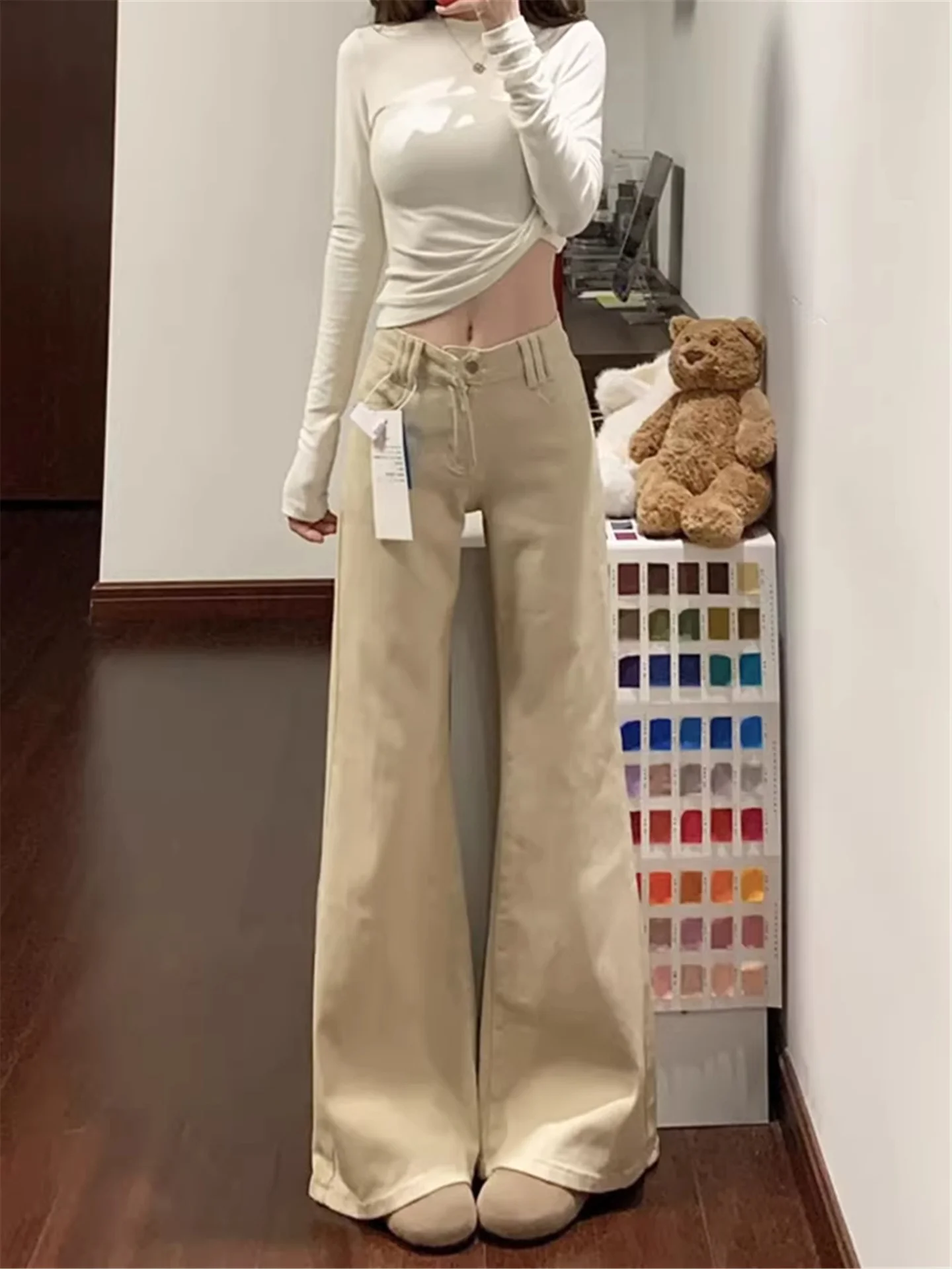 

American Style Low Waist Bell Bottom Jeans Women's Khaki Color Straight Leg Pants Vintage Loose Fit Casual Cotton Denim