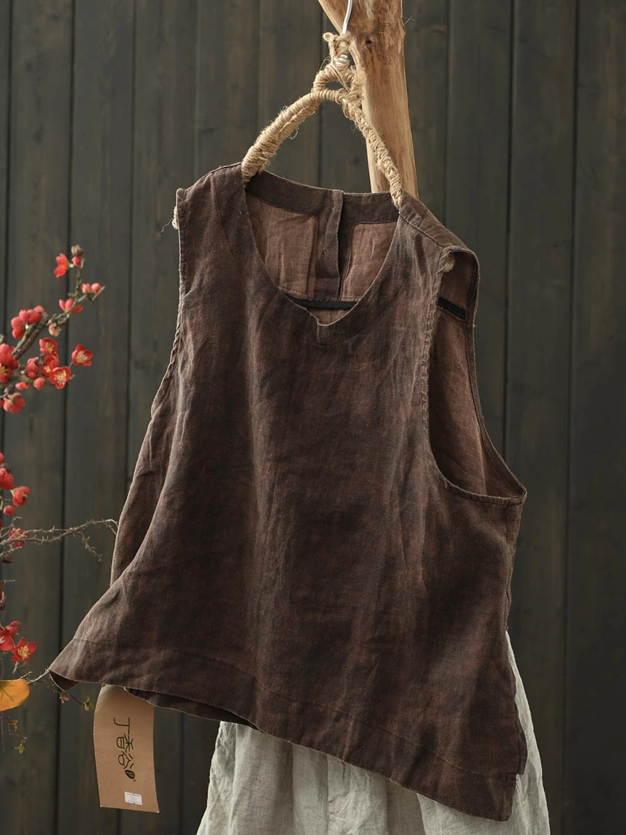 Retro Distressed Print round Neck Linen Vest Women's Summer Thin Loose Sleeveless Top Overhead Base Layer Commute Style