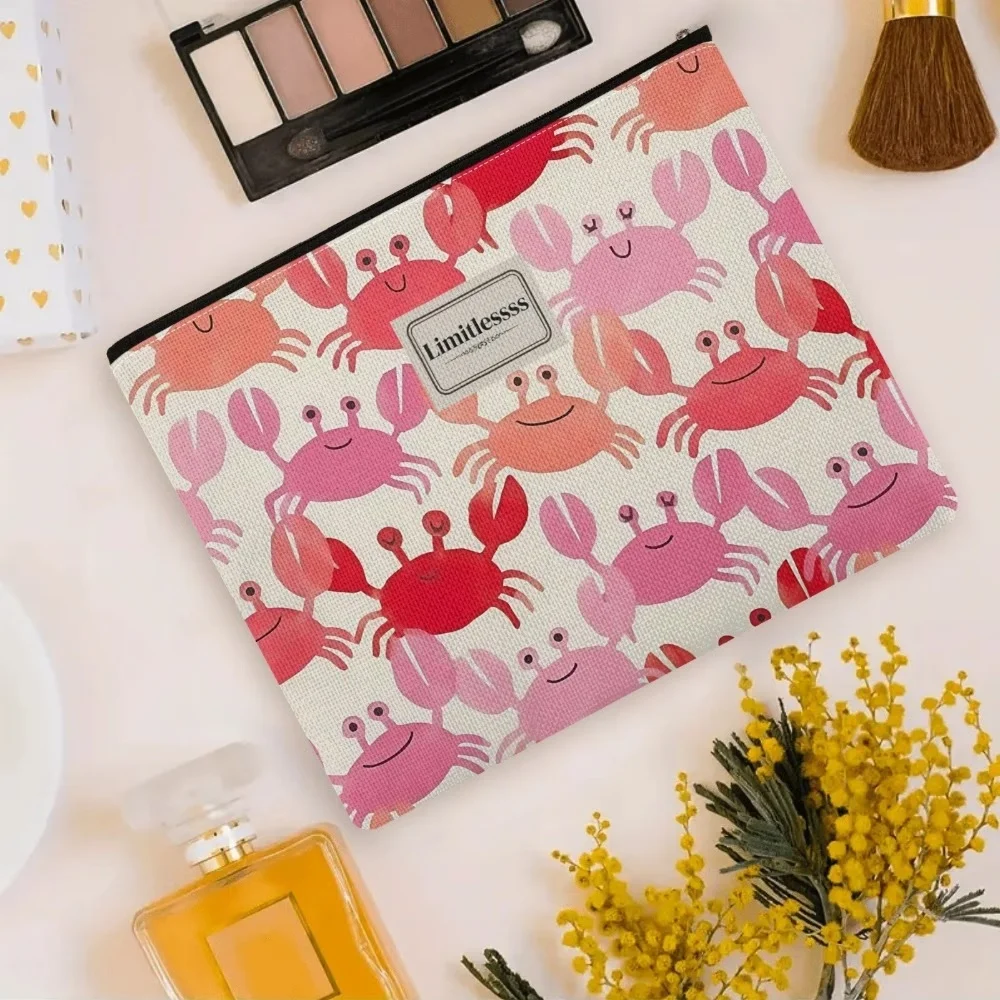 Cute classic crab-themed canvas cosmetic bag, double-sided with pink & red crab prints, roomy zipper design, sturdy fabric, perf