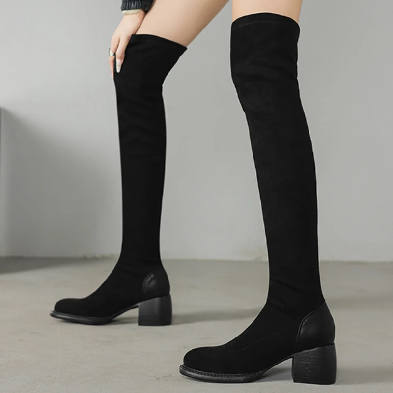 

Black Women's Over the Knee High Boots Flock Elastic Thigh High Boots Block Low Heel Footwear Shoes Ladies Comfortable