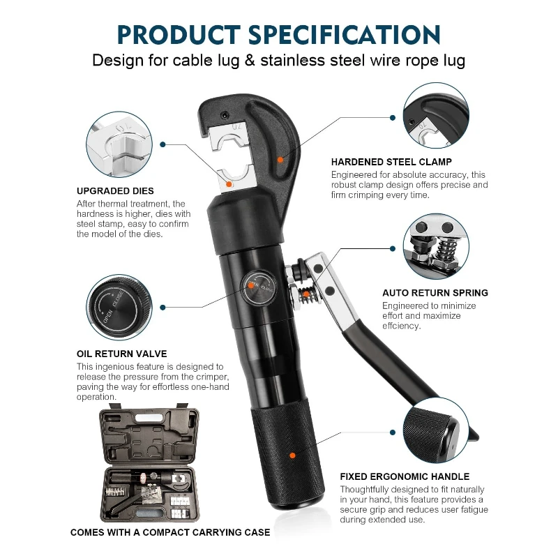 Kit de herramientas de engarzado hidráulico manual con 9 troqueles, engarzadora de terminales de cable hidráulico, 8 US TON 12 AWG a 00 (2/0)