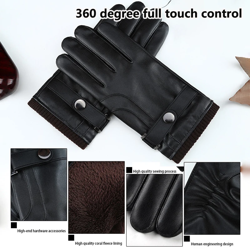 Black Waterproof Full Finge Leather Gloves Driving Gloves Touch Screen Thermal Outdoor Sports Thick Cotton Gloves