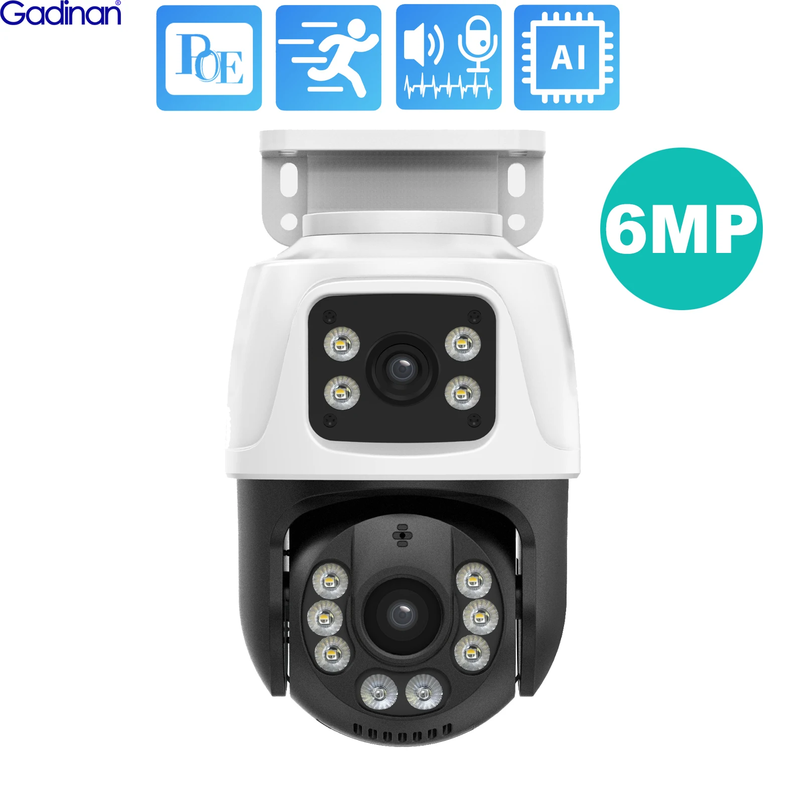 Gadinan 6MP Dual Lens PTZ POE IP Camera Outdoor Home Video Security Surveillance Motion Detection CCTV Support Onvif XMEye iCSee